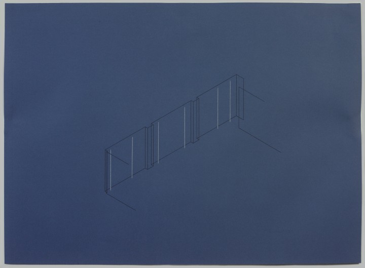 Fred Sandback, "Untitled: Construction for Marian Goodman Gallery," 1985, carbon and colored pencil on blue Ingres paper, 21 1/2 x 29 1/4 inches (54.6 x 74.3 cm) © 2012 Fred Sandback Archive